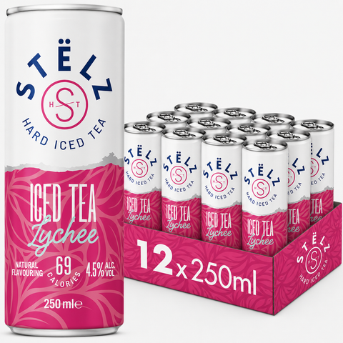Stëlz Hard Iced Tea Lychee 12 x 250ml tray — witte en fuchsiaroze blikjes met tropisch bloemenpatroon, 4,5% alcohol, 69 calorieën, lychee smaak